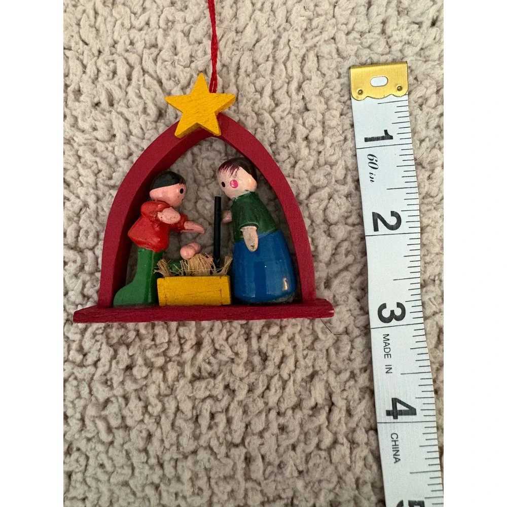 Vintage Wooden Nativity Scene Christmas Ornament Hand Painted Folk Art Religious